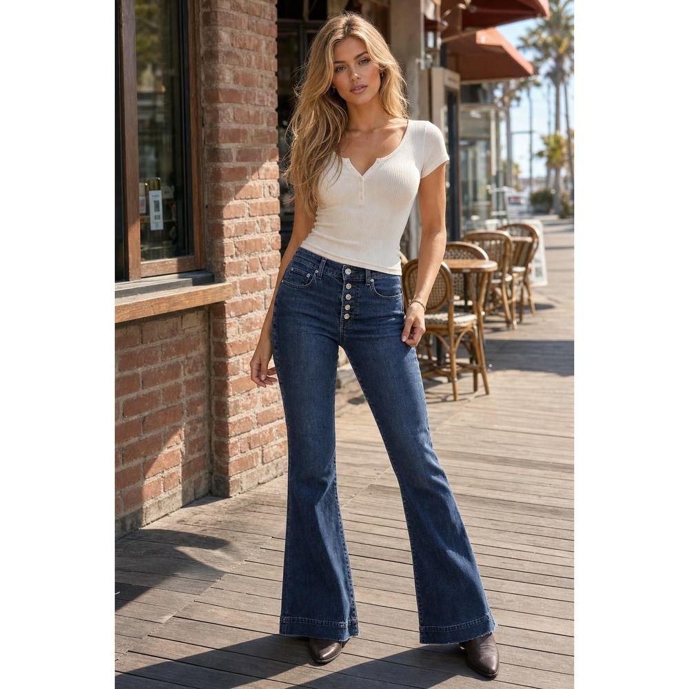 Gap High Rise Flare Jeans Women's 6 Dark Wash Stretch Denim Button Fly